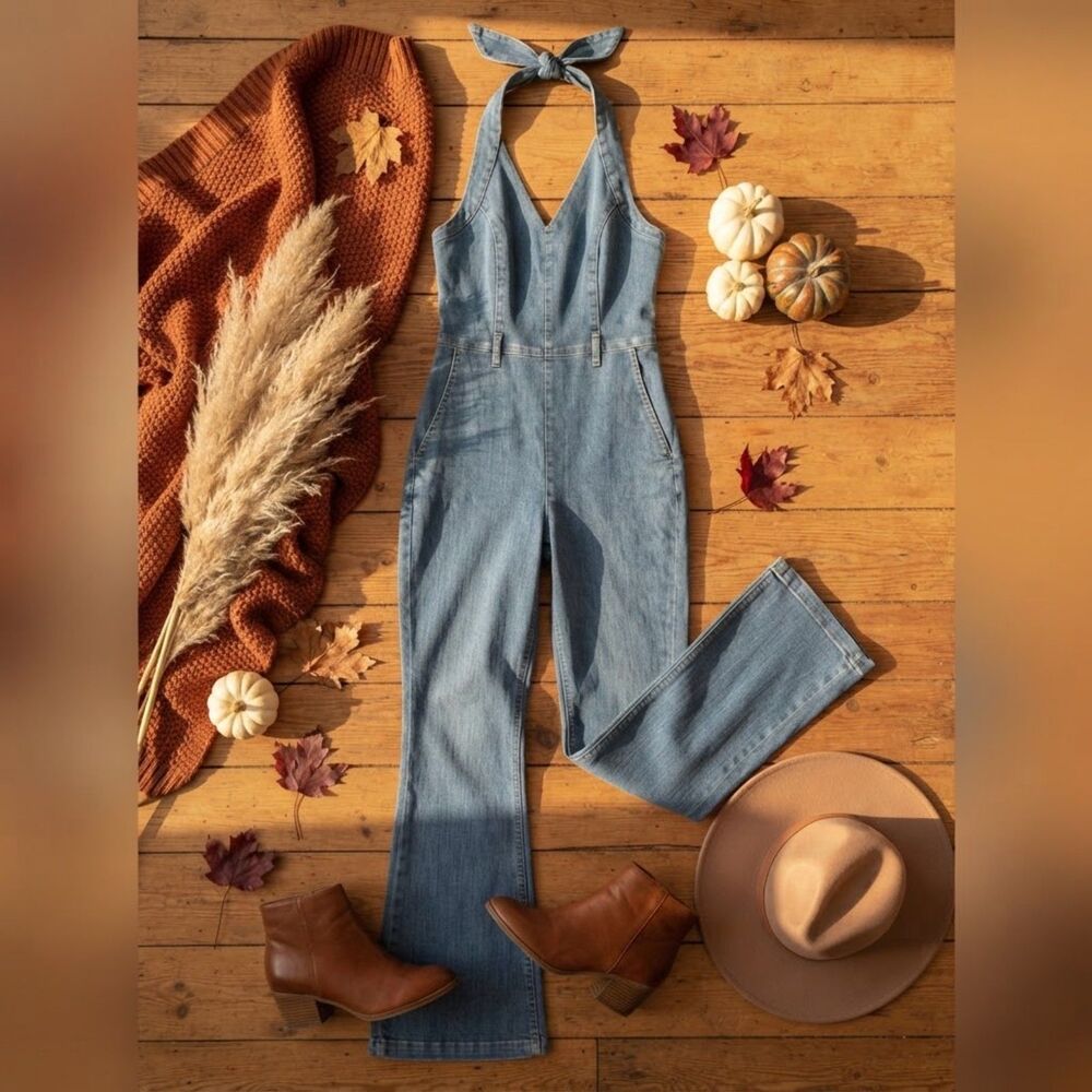 PAIGE Women's Blue Denim Halter Flare Leg Jumpsuit Side Zip Boho Retro 70's 31